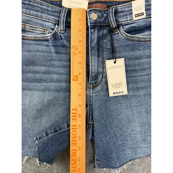Judy Blue High Waist Denim Shorts Raw Hem Distressed Medium Wash Size M - Picture 10 of 11